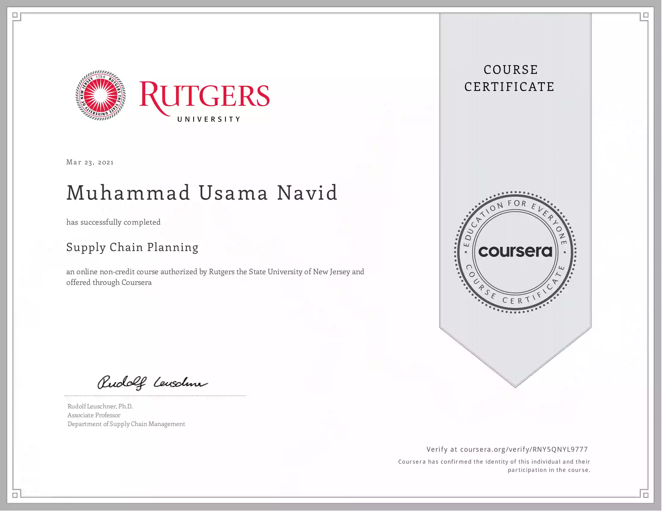 Supply Chain Planning Rutgers University Coursera by Muhammad Usama Navid